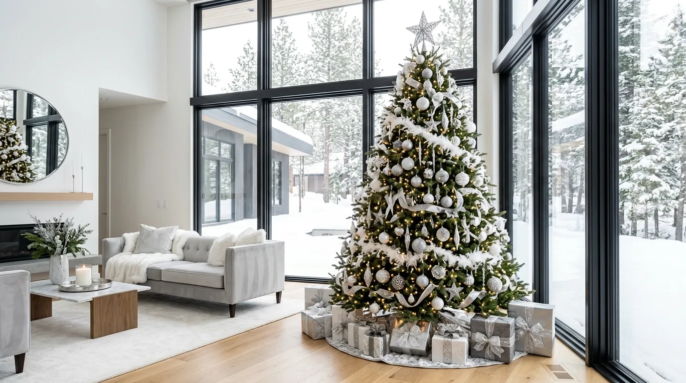 Luxury Christmas tree in white and silver tones in a modern space.